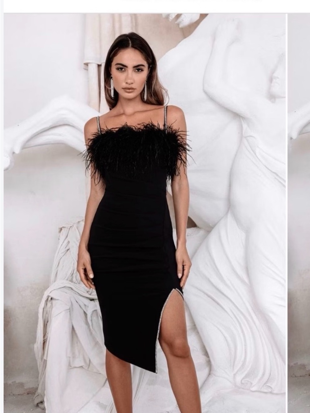 Lavish Alice Black Feather-Trim Midi Dress with Crystal Slit